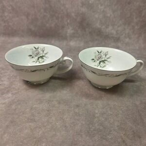 Diamond China Romance Teacups Set of 2 White Rose Silver Trim Made in Japan